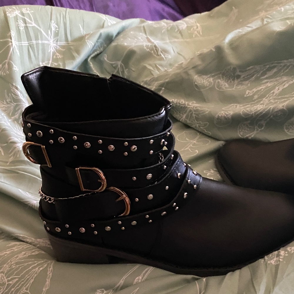 SHEIN Black Ankle Booties with Silver Studs and Buckles